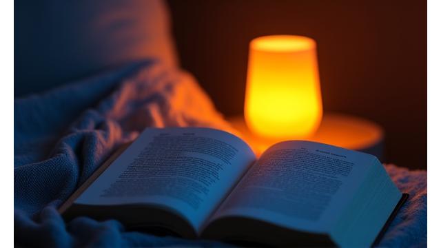 A cozy evening scene with a dimmed lamp, book, and warm blanket, symbolizing a relaxing wind-down ritual