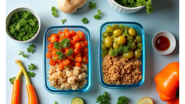 Prepared healthy meals in glass containers on a kitchen counter, symbolizing efficient meal prep