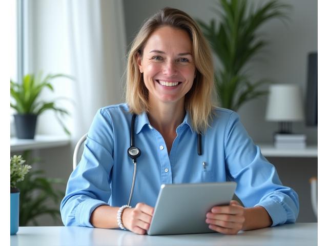 A wellness expert in a clean, modern office setting, looking approachable and knowledgeable, ready to answer questions.