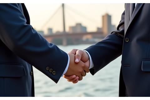 A handshake between two professionals with a Boston cityscape in the background, symbolizing local partnerships.